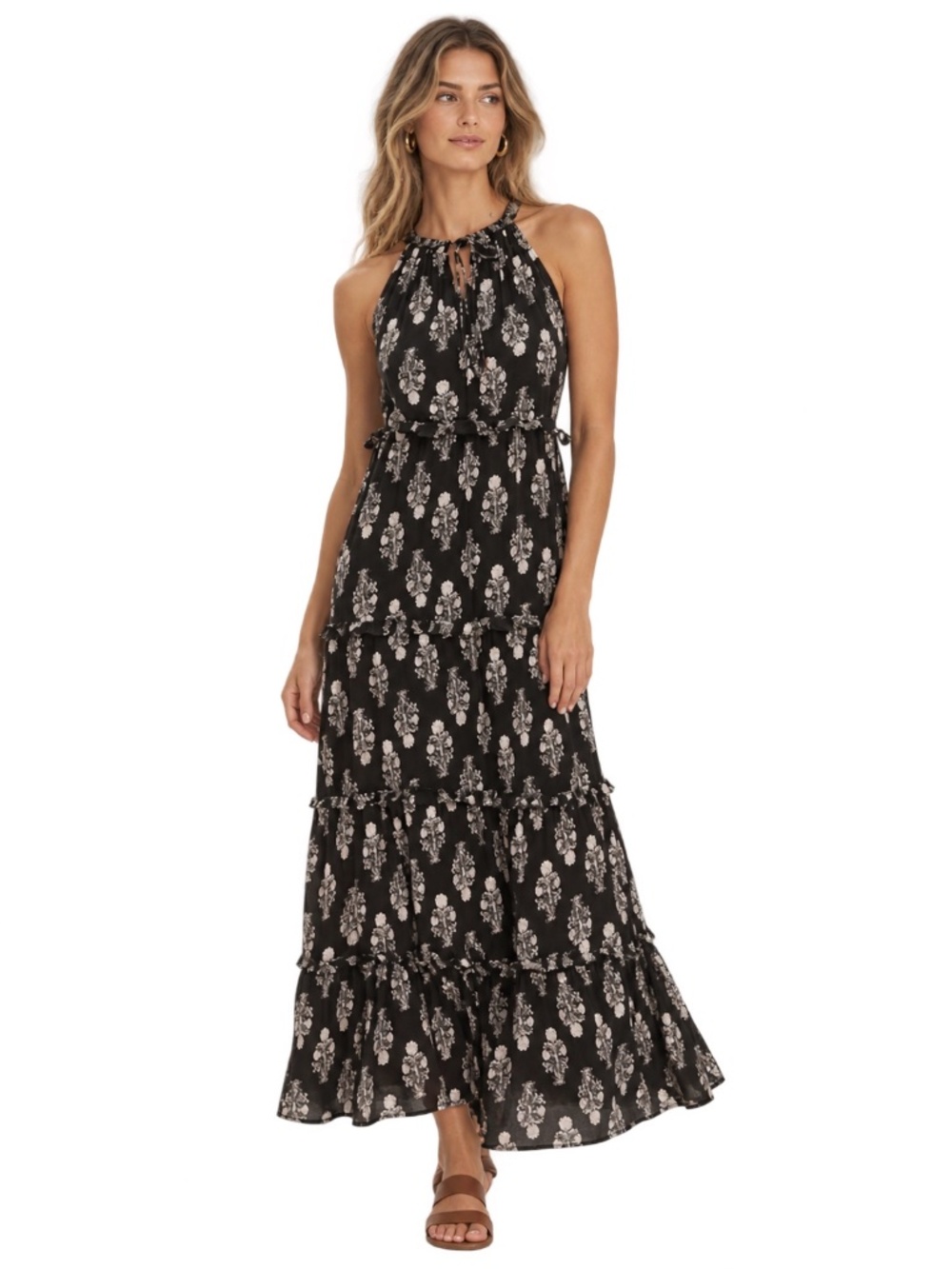 Caroline Constas Tiered Floral Print Cotton Maxi Dress Boho Vacation Size L